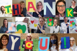 Collage of Acclaim Health staff holding up letters that spells out 'Thank You!"