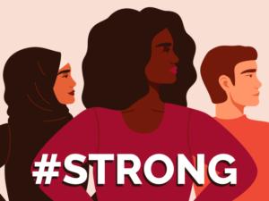 Three animated diverse people with "#Strong" written at bottom of image.