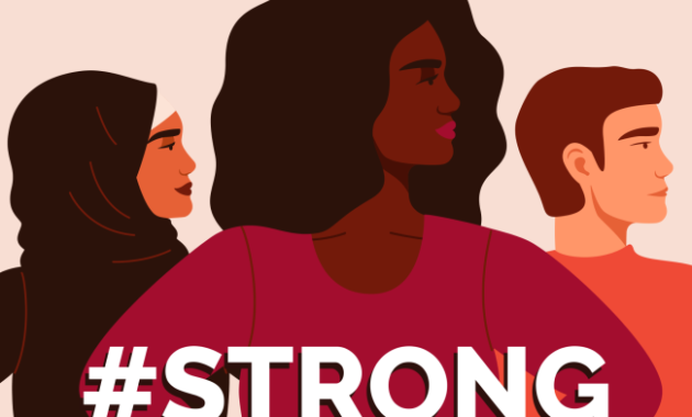 Three animated diverse people with "#Strong" written at bottom of image.